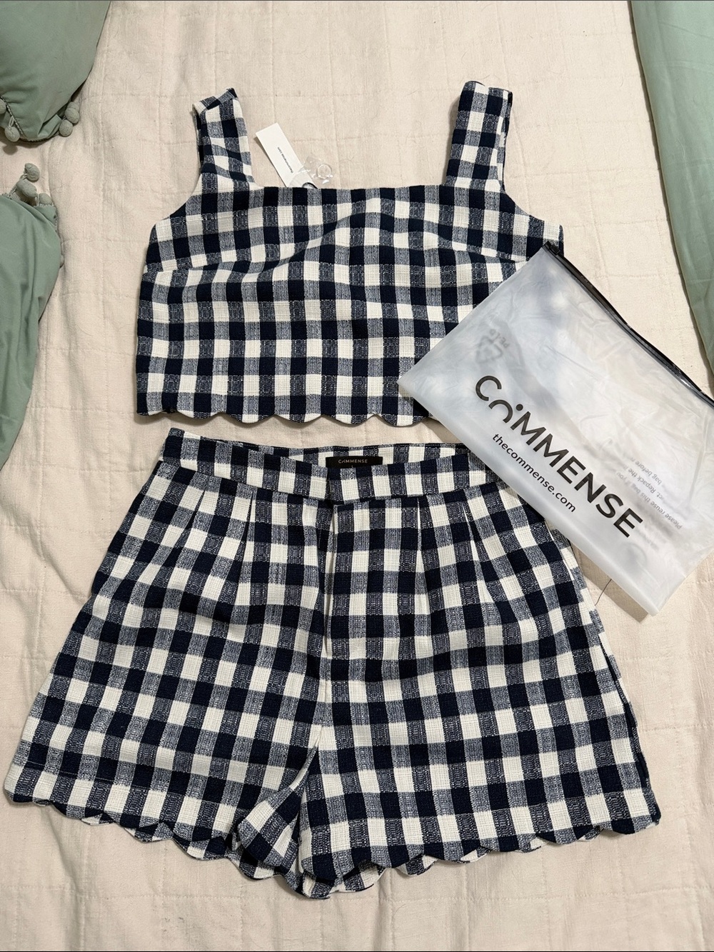 Commense Navy & White Gingham Scallop Crop Top and Shorts Set